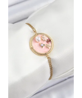 316L Çelik Zincir Pembe Mineli Sanatsal Portre İnci Detaylı Çiçek Model Gold Renk Kadın Bileklik