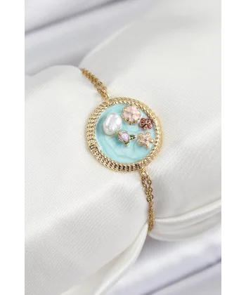 316L Çelik Zincir Turkuaz Mineli Sanatsal Portre İnci Detaylı Çiçek Model Gold Renk Kadın Bileklik