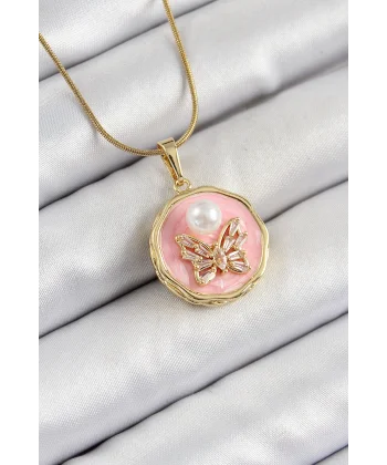 316L Çelik Zincir Zirkon Taşlı Pembe Sanatsal Portre İnci Detaylı Kelebek Model Gold Renk Kadın Kolye