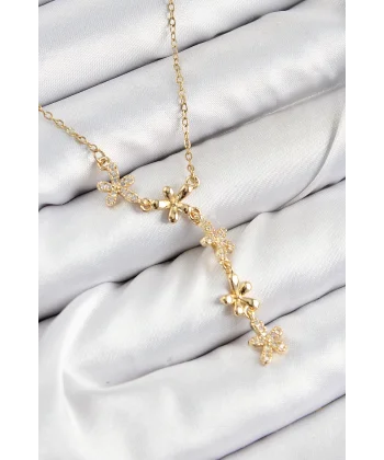 316L Çelik Zirkon Taşlı Çiçek Model Gold Renk Kadın Kolye