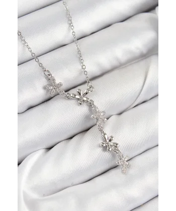 316L Çelik Zirkon Taşlı Çiçek Model Gümüş Renk Kadın Kolye