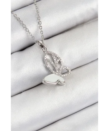 316L Çelik Zirkon Taşlı Kelebek Model Gümüş Renk Kadın Kolye