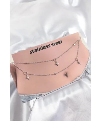 316L Çelik Zirkon Taşlı Kutup Yıldızı Model Gümüş Renk Göbek Bel Zinciri