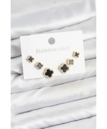 316L Çelik Zirkon Taşlı Yonca Model Kadın Küpe Seti