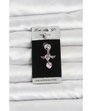 316L Cerrahi Çelik Pembe Zirkon Taşlı Kanat Model Göbek Piercing