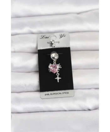 316L Cerrahi Çelik Pembe Zirkon Taşlı Model Göbek Piercing