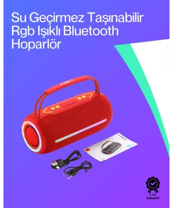 360 RGB LEDli Taşınabilir Bluetooth Hoparlör – Kırmızı USB/TF Destekli
