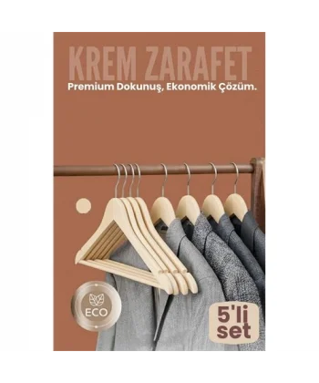 5li Lüks Krem Elbise Ceket Askısı - Ergonomik & Kaymaz Plastik Askı Seti -  Ahşap Görünümlü