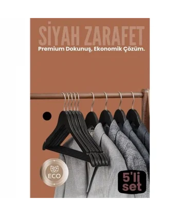 5li Lüks Siyah Elbise Ceket Askısı - Ergonomik & Kaymaz Plastik Askı Seti -  Ahşap Görünümlü
