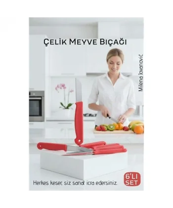 6lı Premium Paslanmaz Çelik Meyve Bıçağı Seti - Kırmızı Saplı Keskin Soyma Bıçağı Takımı
