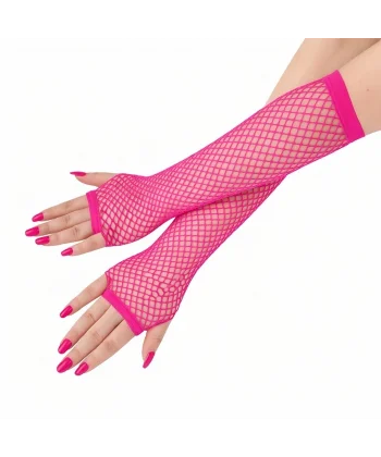 80’ler 90’lar Retro Neon Fuşya Şeker Pembesi File Parmaksız Eldiven 26 Cm