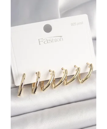 925 Ayar Gümüş Çivi Pirinç Gold Renk Üçgen Model Kadın Küpe Seti