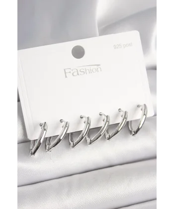 925 Ayar Gümüş Çivi Pirinç Gümüş Renk Üçgen Model Kadın Küpe Seti