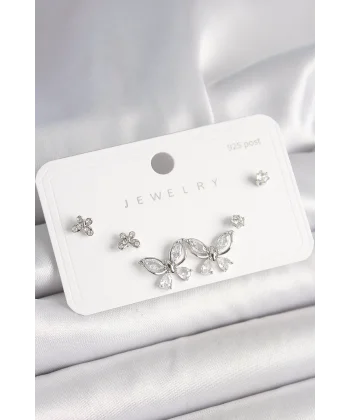 925 Ayar Gümüş Çivi Pirinç Gümüş Renk Zirkon Taşlı Kelebek Model Kadın Küpe Seti