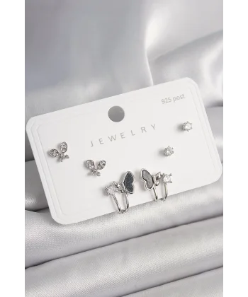 925 Ayar Gümüş Çivi Pirinç Gümüş Renk Zirkon Taşlı Kelebek Model Kadın Küpe Seti