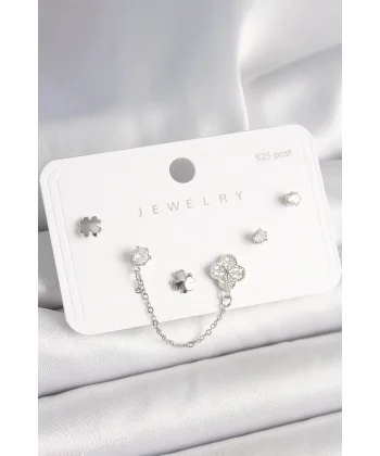 925 Ayar Gümüş Çivi Pirinç Gümüş Renk Zirkon Taşlı Yonca Model Sallantı Zincir Detay Kadın Küpe Seti