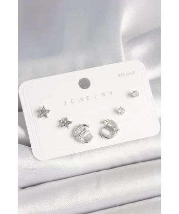 925 Ayar Gümüş Çivi Zirkon Taşlı Hilal Yıldız Model Kadın Küpe Seti