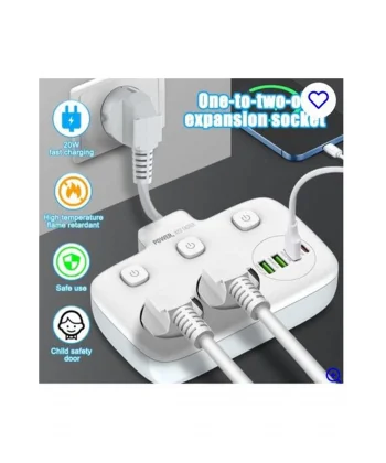 Akım Korumalı 2’li Ayrı Anahtarlı Priz, 2x Priz, 3x Usb, 1x Type-c, 2 Mt Kablo, Hızlı Şarj