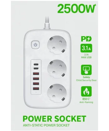  akım Korumalı Priz Ve Masaüstü Şarj İstasyonu Kablosuz 3 Priz ,4 Usb, 2 Type-c Girişli 2 Metre