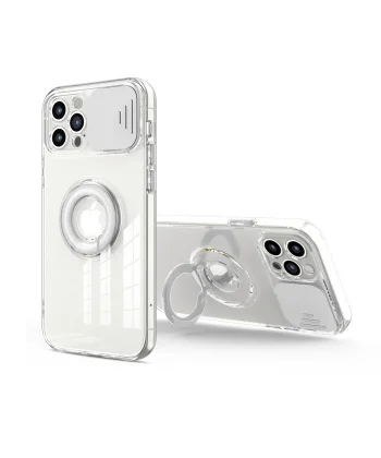 Ally iPhone 13 Pro Max 6.7inç Kılıf Sürgülü Kamera Lens Korumalı Yüzük Standlı Silikon Kılıf-(5775)