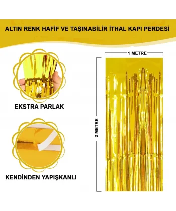 Altın Gold Renk Ekstra Metalize Parlak Saçaklı Arka Fon Perde İthal A Kalite 1x2 Metre