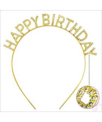Altın Gold Renk Kristal Taşlı Parlak Happy Birthday Taç 16x17 Cm
