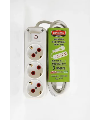 Amiral 3 Lü Topraklı Anahtarlı 3 Metre Kablolu Grup Priz
