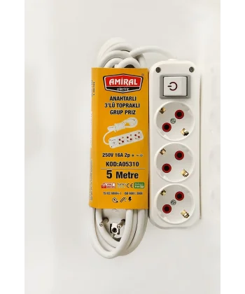 Amiral 3 Lü Topraklı Anahtarlı 5 Metre Kablolu Grup Priz