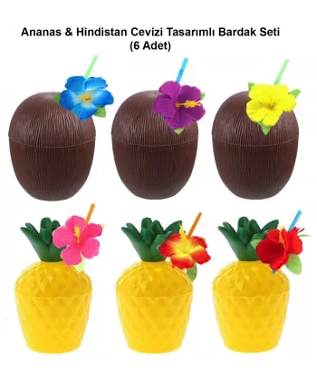 Ananas  Hindistan Cevizi Tasarımlı Pipetli Bardak Seti (6 Adet)