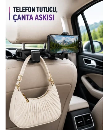 Araç Koltuk Başlığına Takılan Telefon Tutucu ve Eşya Askısı