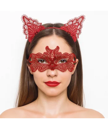 Ateş Kırmızısı Dantel Taç Ve Maske Seti 10 No - Maskeli Balo  Özel Gün Seti