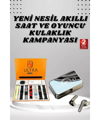 Aynalı Bluetooth Kulaklık ve 7 Kordonlu Akıllı Saat Dijital Göstergeli Uzun Pil Ömrü