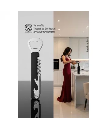 Barmen Tip Çelik Profesyonel Tirbüşon ve Şişe Açacağı Kombine Set