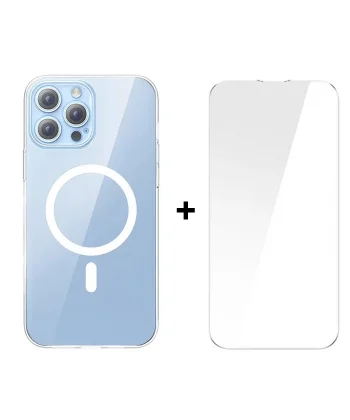 Baseus Crystal iPhone 13 Pro Magsafe Silikon Kılıf + Tempered Ekran Koruyucu Set-(5775)