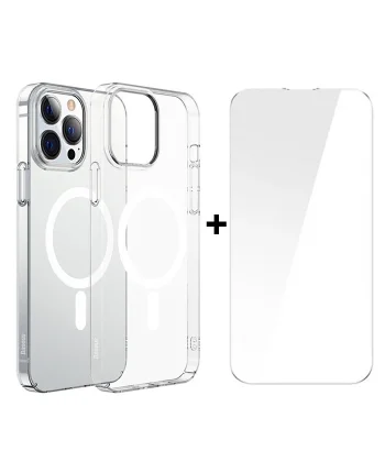 Baseus Crystal iPhone 13 Pro Max 6.7 Magsafe Silikon Kılıf + Tempered Ekran Koruyucu Set-(5775)