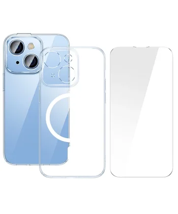 Baseus Crystal iPhone 14 Plus 6.7 Magsafe Silikon Kılıf + Tempered Ekran Koruyucu Set-(5775)