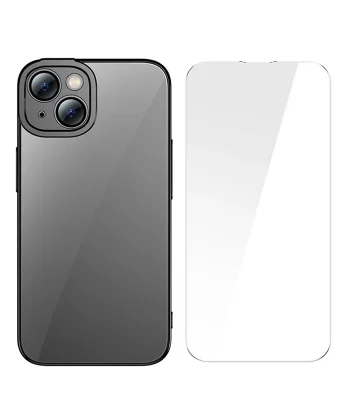 Baseus Glitter iPhone 14 6.1 Renkli Kenar Silikon Kılıf + Tempered Ekran Koruyucu Set-(5775)