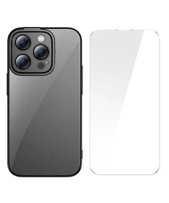 Baseus Glitter iPhone 14 Pro Max 6.7 Renkli Kenar Silikon Kılıf + Tempered Ekran Koruyucu Set-(5775)