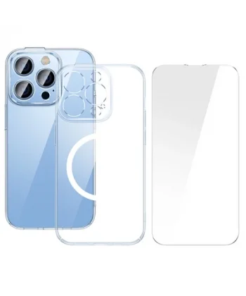 Baseus iPhone 15 Pro Crystal Serisi Manyetik Magsafe Silikon Kılıf + Tempered Ekran Koruyucu Set-(5775)