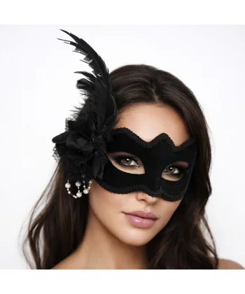 Beyaz İnci Detaylı Siyah Süet Venedik Kadın Maskesi Tüylü Güllü