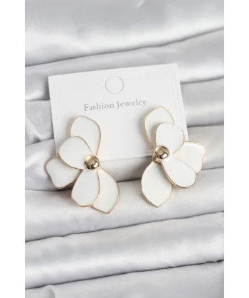 Beyaz Mineli Lotus Model Pirinç Kadın Küpe