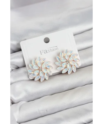 Beyaz Renk Kristal Taşlı Çiçek Model Kadın Küpe