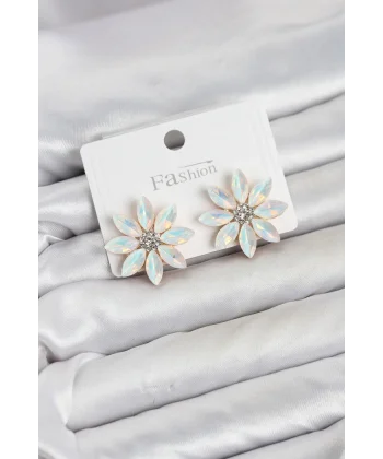 Beyaz Renk Kristal Taşlı Lotus Çiçek Model Kadın Küpe