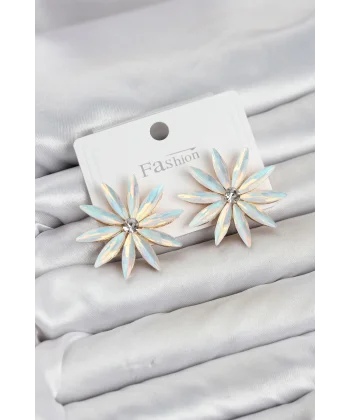Beyaz Renk Kristal Taşlı Lotus Model Kadın Küpe