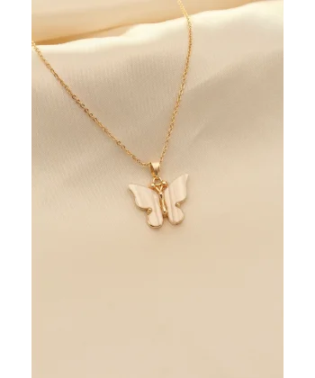Beyaz Sedefli Kelebek Figürlü Kadın Kolye