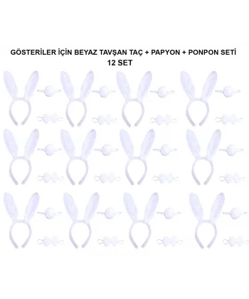 Beyaz Tavşan Kostüm Seti – Taç, Papyon, Kuyruk (12’li Paket)