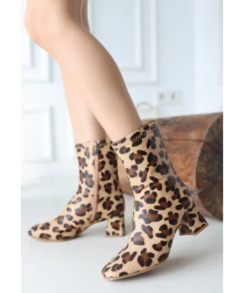 Birta Leopar Cilt Streç Topuklu Bot