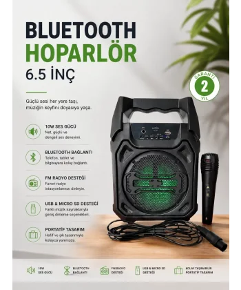 Bluetooth Hoparlör Mikrofonlu Taşınabilir Ses Sistemi FM Radyo USB SD Kart ve TWS Özellikli