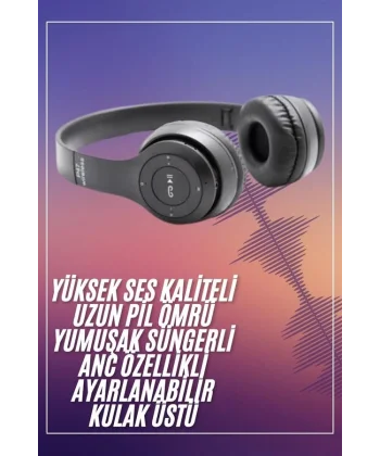 Bluetooth Kablosuz Kulaklık Siyah Wireless 5.0 Kulak Üstü Uzun Pil Ömrü