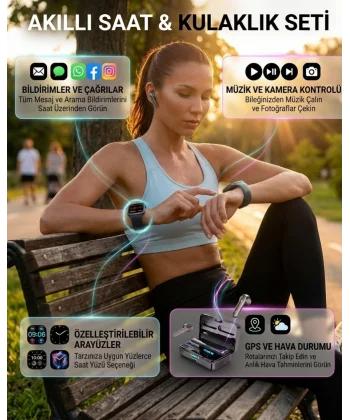 Bluetooth Kulaklıklı Akıllı Saat Seti Yüksek Ses Kalitesi ve 3D Ekran